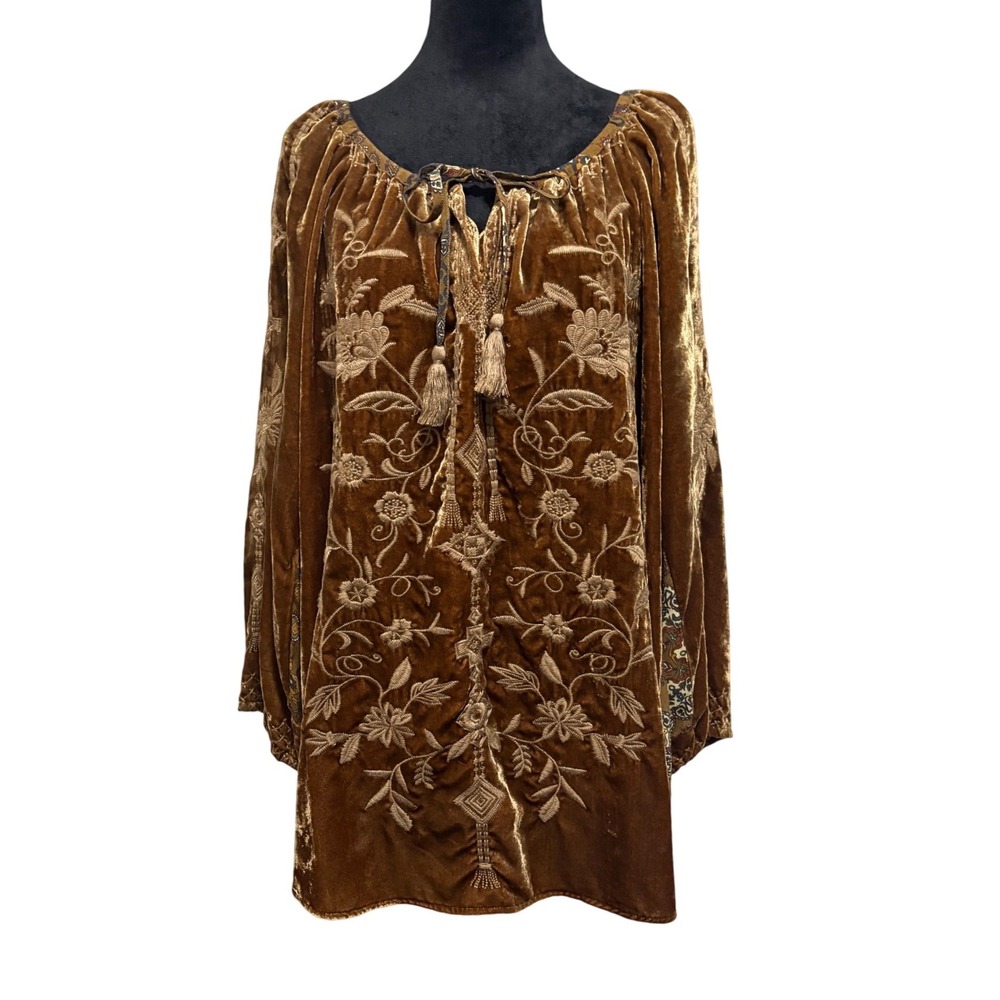 John Mark Velvet Tunic Women 1X Brown  Embroidered Tassel Boho Top EUC